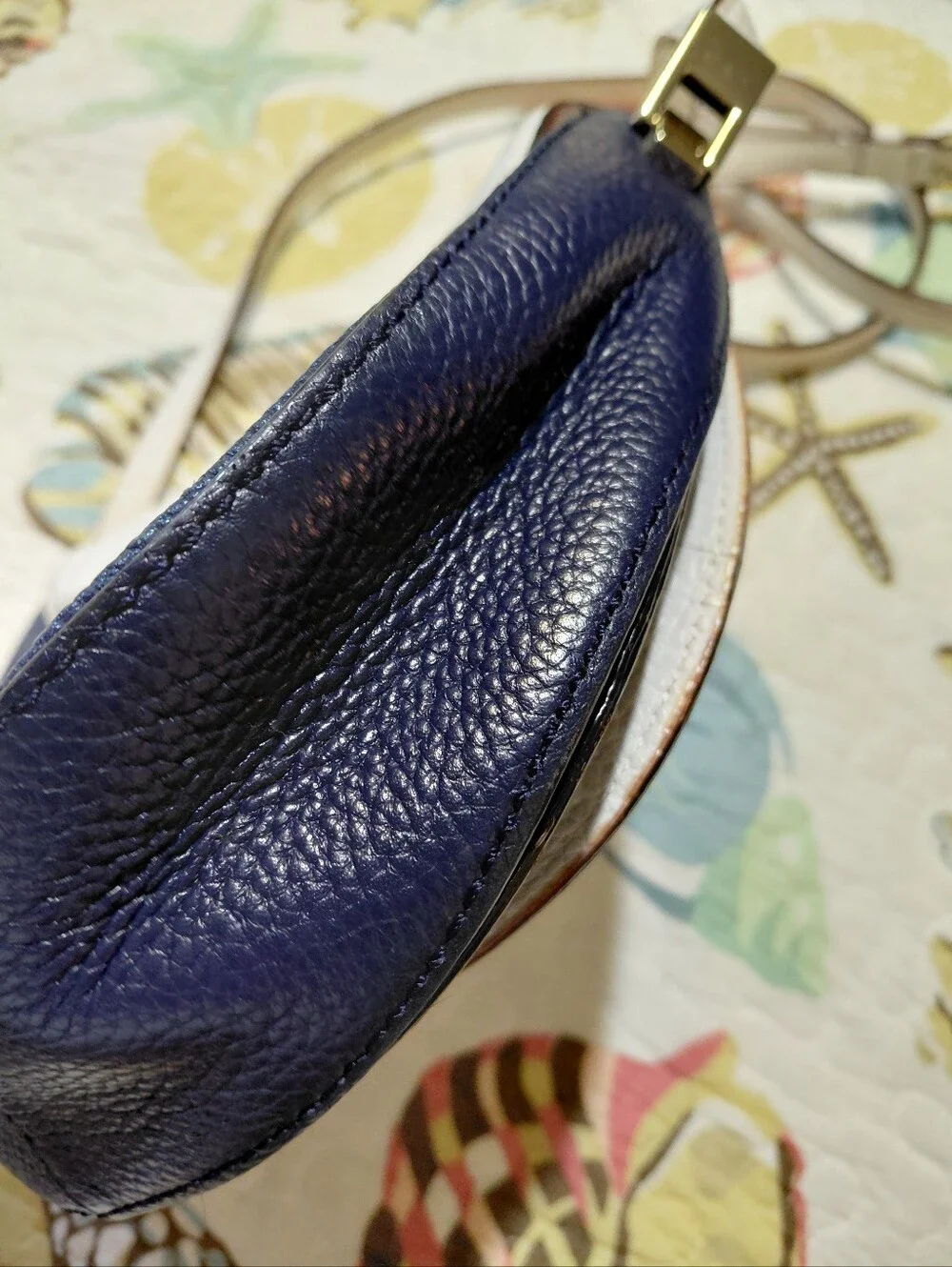 Kate Spade NY Oliver Street White/Navy Blue Pebbled Leather Saddle Bag Crossbody